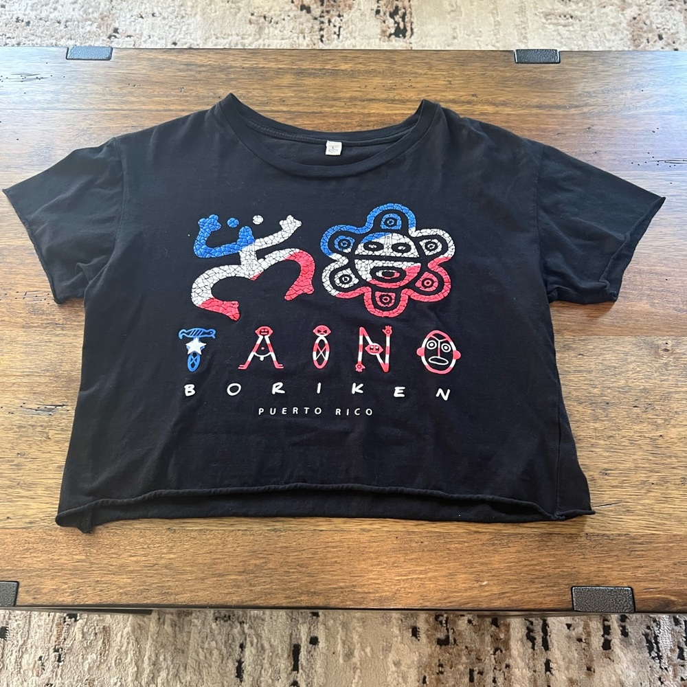 Trendy Black Crop Top with Taino Design